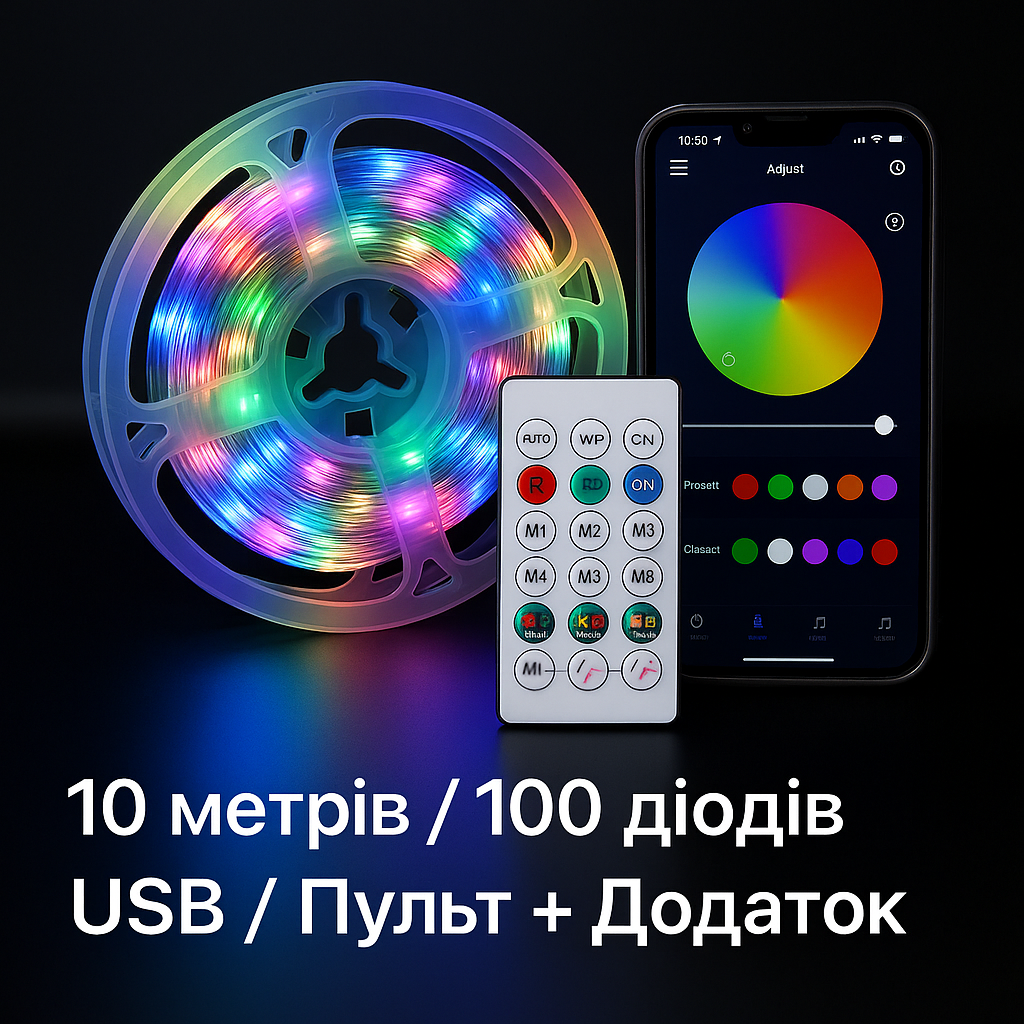 Світлодіодна гірлянда-стрічка RGB — 10 метрів, 100 діодів, USB (без адаптера), пульт + мобільний додаток