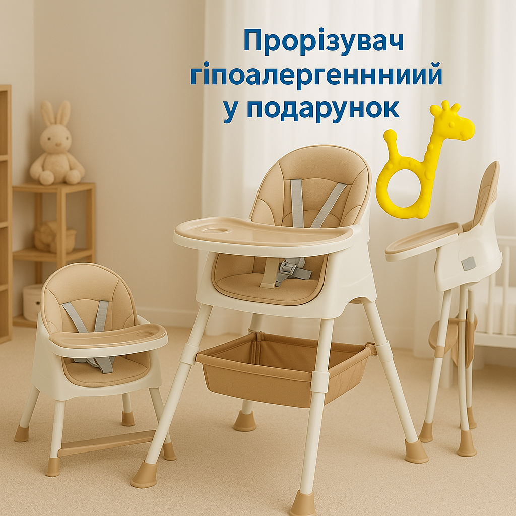 Стульчик для кормления M 4136-2 Beige, складной, экокожа, 5-точечные ремни, столик, корзина