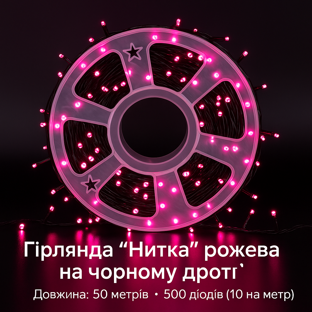 Гирлянда LED 50м 500 LED розовая, с контроллером, каждый 100-й белый диод