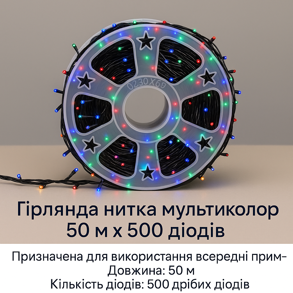 Гирлянда LED 50м 500 LED мультиколор, с контроллером, каждый 100-й белый диод