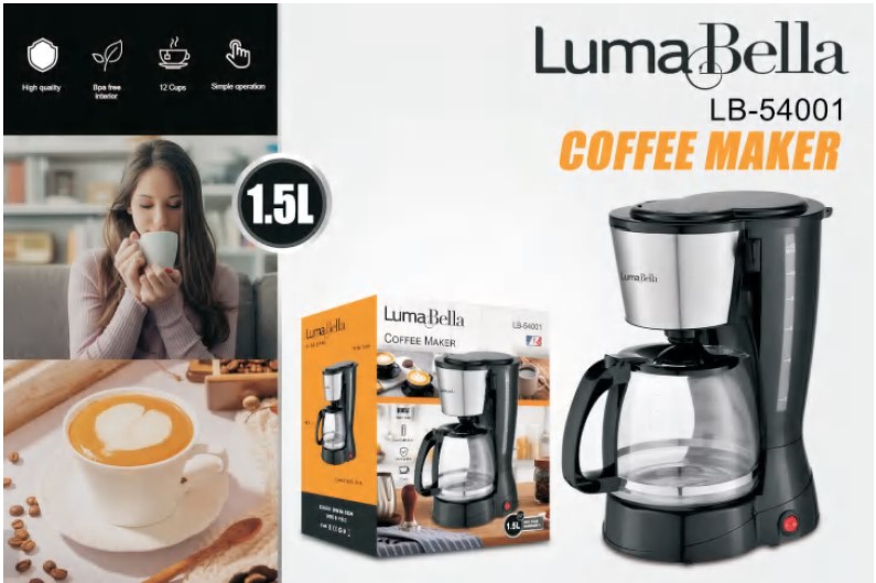 Капельная кофеварка LumaBella LB-54001, 800 Вт, 12 чашек, съемный фильтр, функция подогрева, защита от перегрева