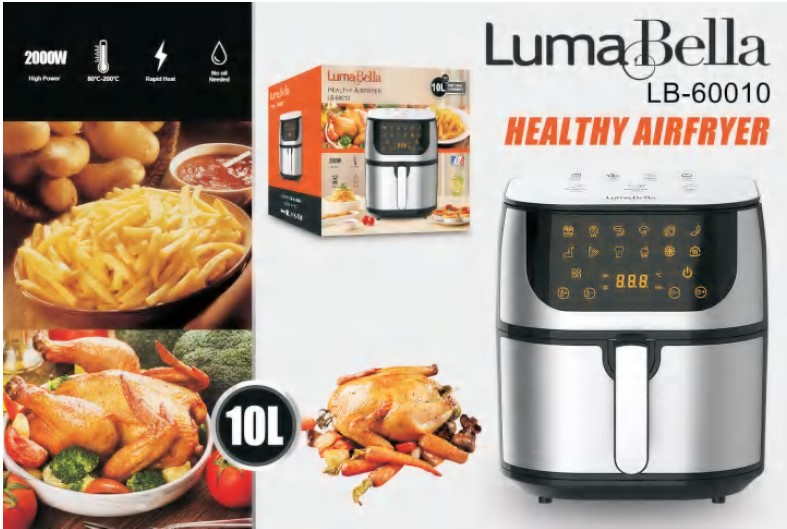 Аэрофритюрница LumaBella LB-60010, 10 л, 2000 Вт, антипригарное покрытие, таймер 60 мин, защита от перегрева