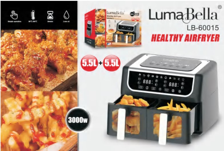 Аэрофритюрница LumaBella LB-60015, 5.5 л+5.5 л, 3000 Вт, антипригарное покрытие, таймер, регулировка температуры