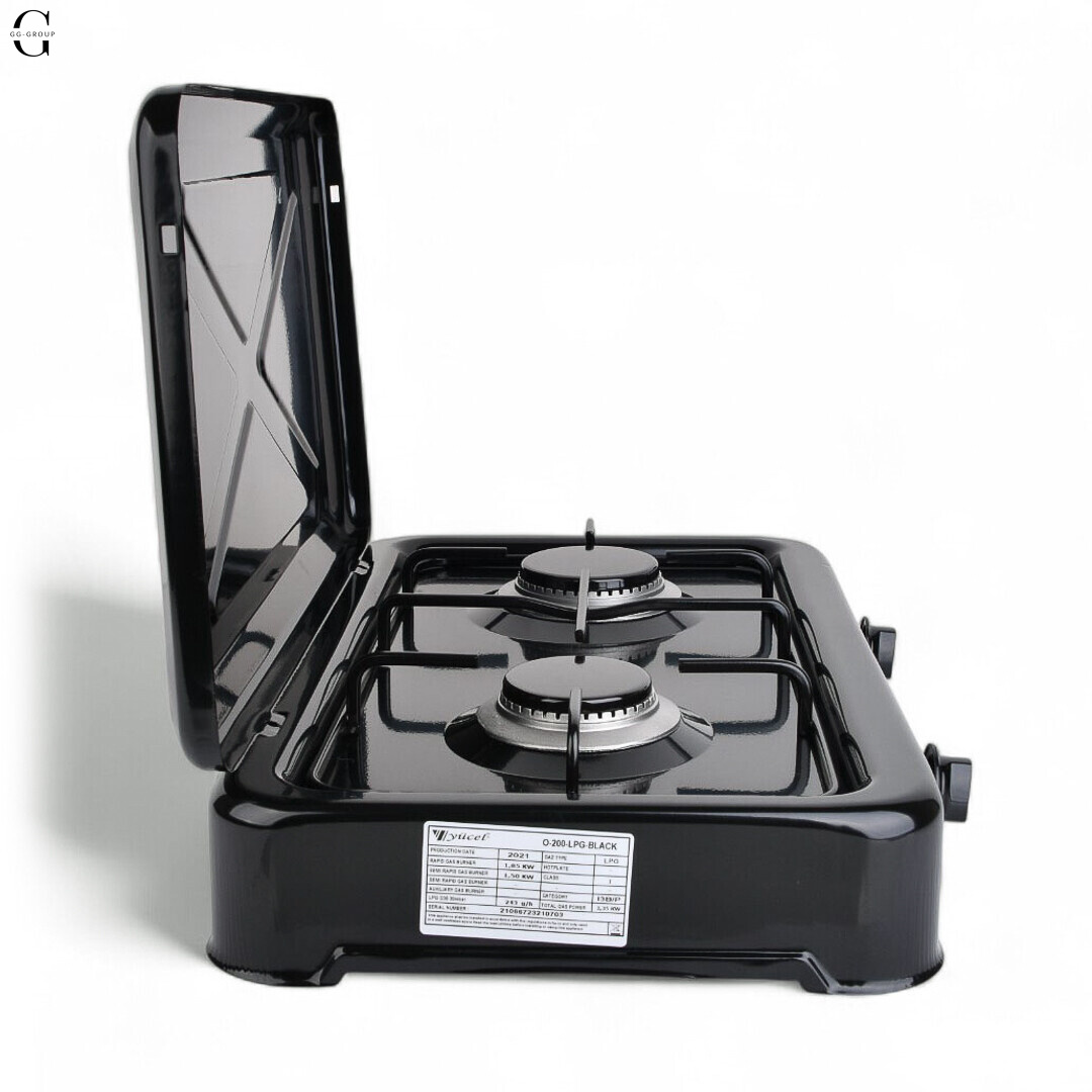 Плита газова настільна YUCEL O-200-LPG-black, 2 конфорки, емаль, з кришкою, ТУРЦІЯ