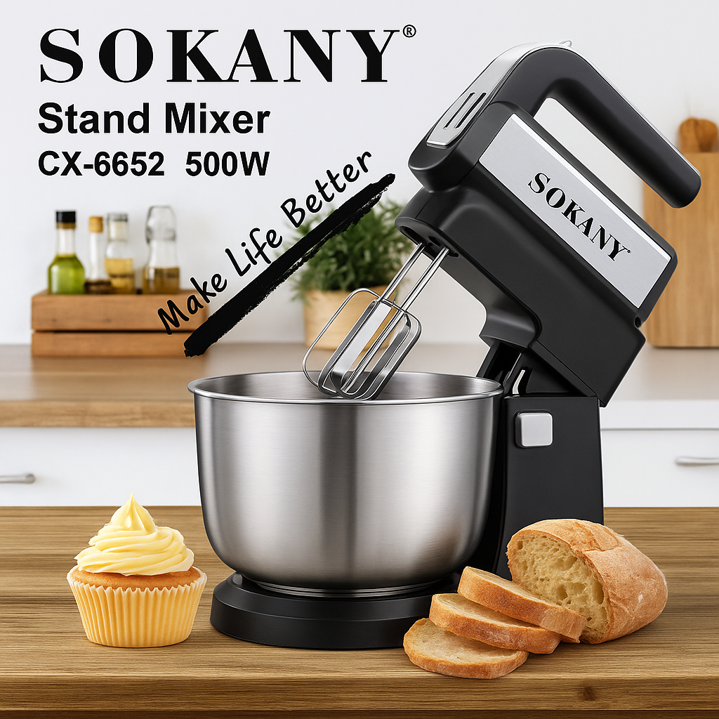 Міксер стаціонарний Sokany CX-6652 з чашею 3,5 л з нержавіючої сталі, 5 швидкостей, 2 насадки