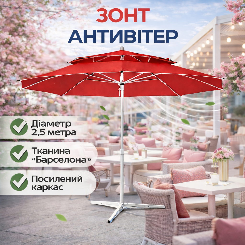 Посилена торгова парасолька Monsen 2.5 м | Антивітер Standart +| Поліуретанові спиці Чохол у комплекті | Туреччина Червоний