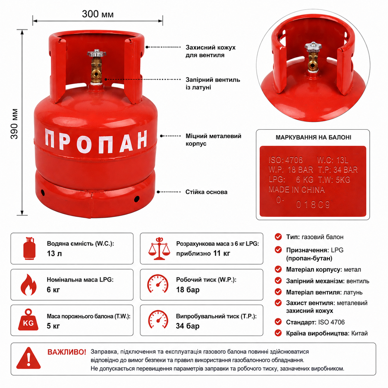 Газовый баллон для пропан-бутана LPG 13 л, 6 кг.