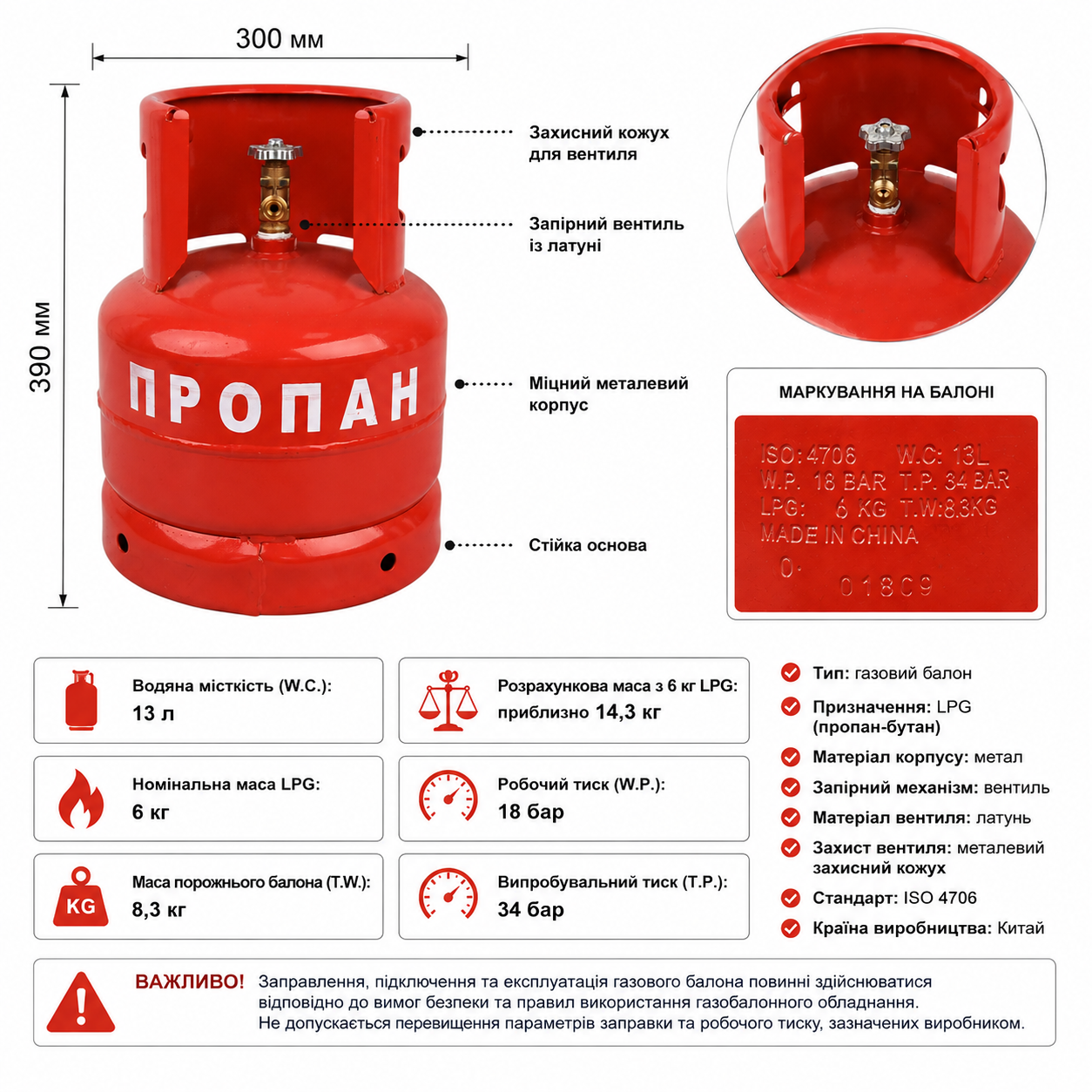 Газовый баллон для пропан-бутана LPG 13 л, 6 кг.