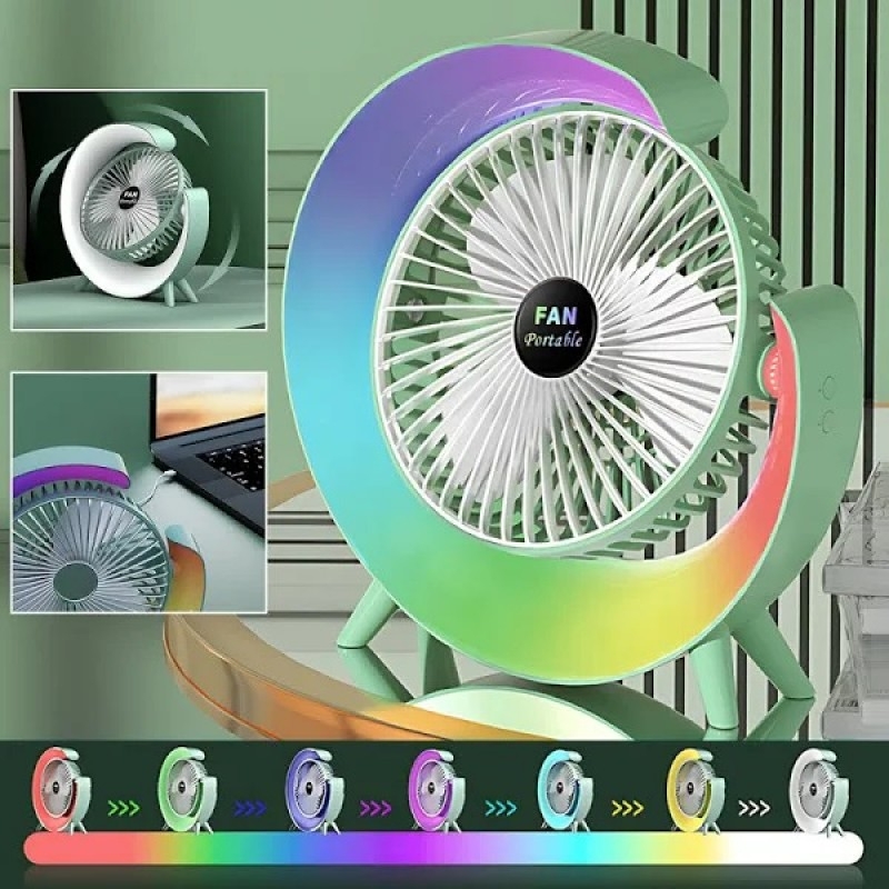 Настільний акумуляторний вентилятор з RGB-підсвічуванням, USB заряджання, 3 швидкості, поворот 180°,