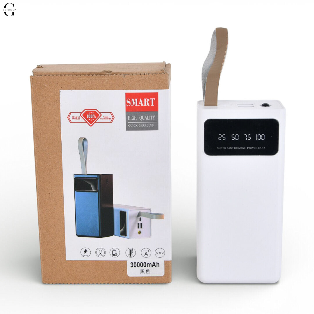 Power Bank Viaking 30000mAh з ліхтариком, 2×USB, Micro-USB та Type-C для смартфонів та гаджетів, Білий