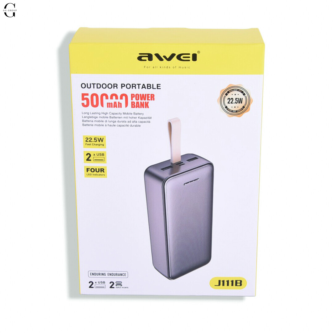 Power Bank Awei J111B 50000mAh, швидка зарядка 22.5W, USB-C, 2 USB виходи
