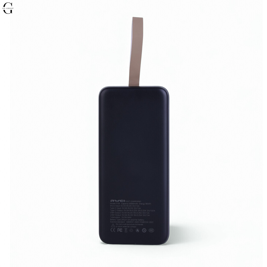 Power Bank Awei J111B 50000mAh, швидка зарядка 22.5W, USB-C, 2 USB виходи
