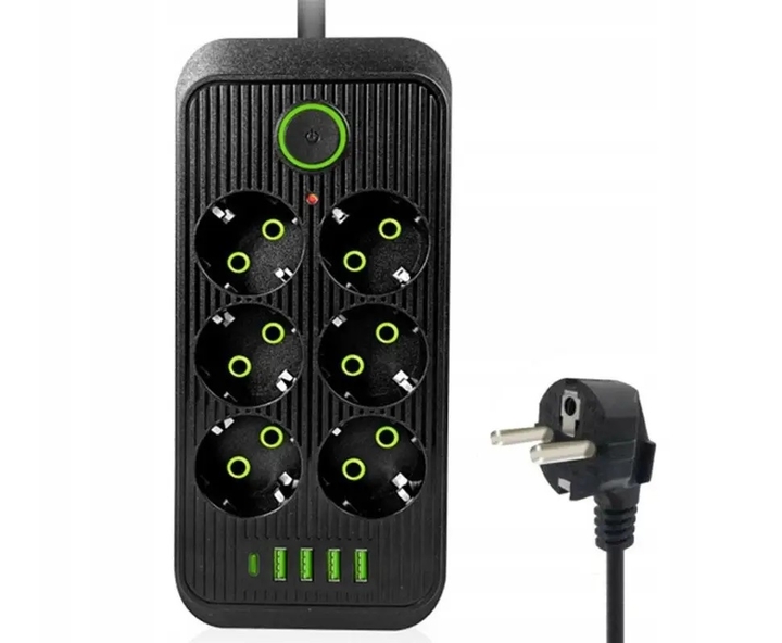 Удлинитель сетевой Тк-8 5 м (6×220В+4×USB+1×Type-C), F06u 2500Вт, черный, с защитой и настенным креплением