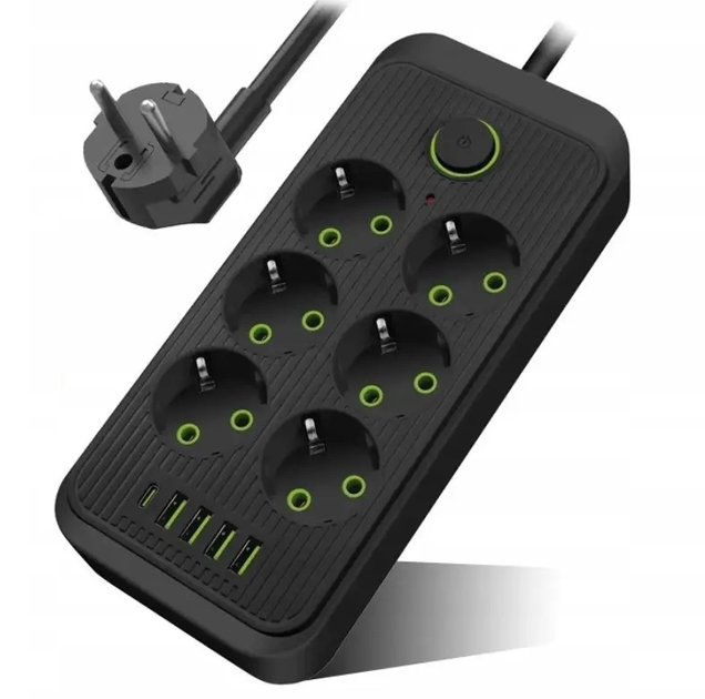 Удлинитель сетевой Тк-8 5 м (6×220В+4×USB+1×Type-C), F06u 2500Вт, черный, с защитой и настенным креплением