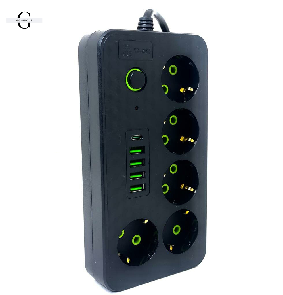 Мережевий фільтр 2500Вт, 3м, HG-2505, Чорний / Подовжувач з USB / Переноска-розетка