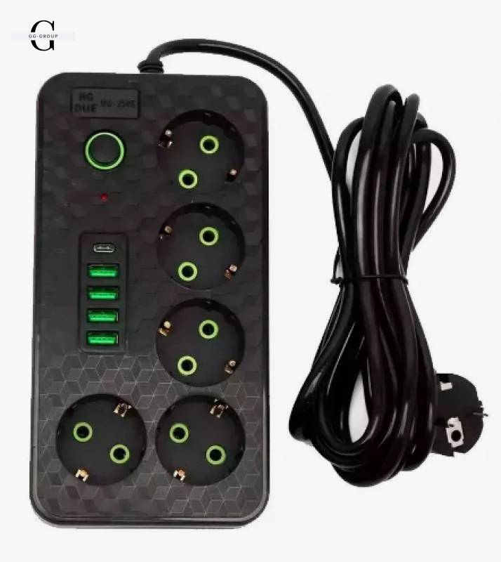 Мережевий фільтр 2500Вт, 3м, HG-2505, Чорний / Подовжувач з USB / Переноска-розетка