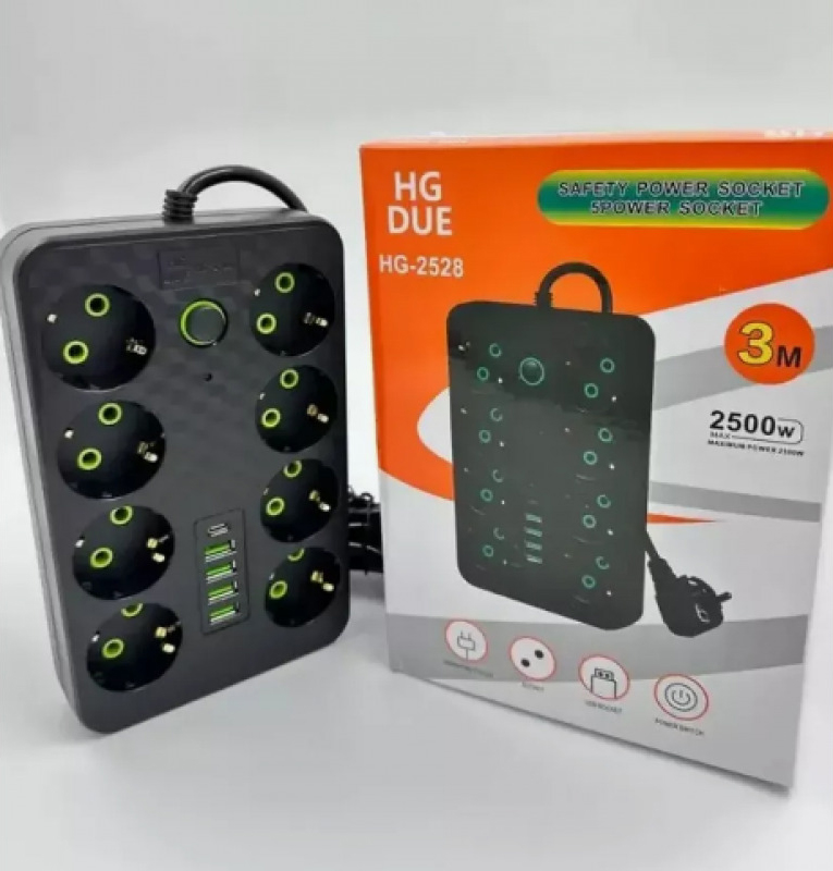 Мережевий фільтр Подовжувач з USB / Переноска-розетка , 3м, HG-2528