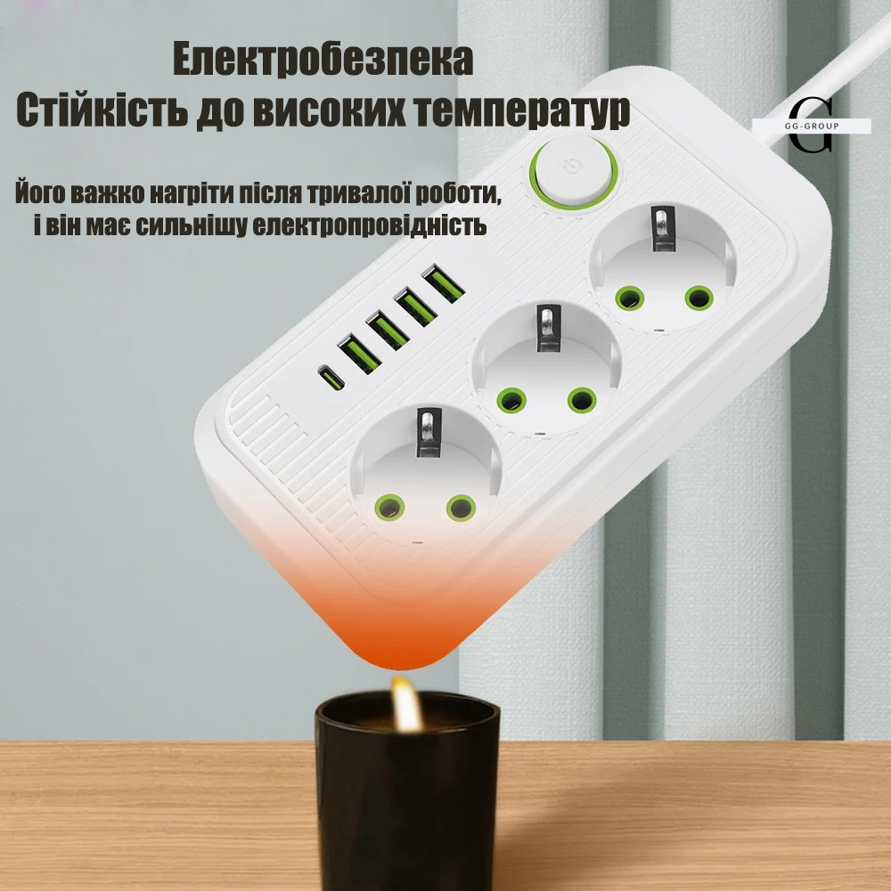 Сетевой фильтр Удлинитель USB ТК-3 (3×220В + 4×USB + 1×Type-C), F09u, Белый, 5 м