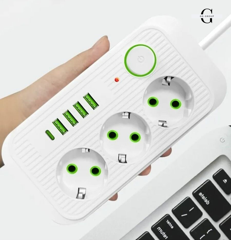 Сетевой фильтр Удлинитель USB ТК-3 (3×220В + 4×USB + 1×Type-C), F09u, Белый, 5 м