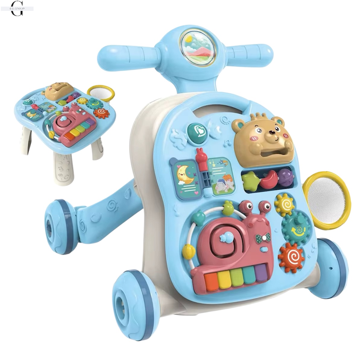 Детская каталка-ходунки 3в1 с баскетбольным кольцом, игровым столиком, музыкальным пианино, световыми эффектами и развивающими элементами, модель 962-964-965