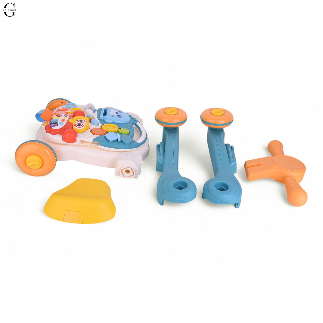 Детская каталка-ходунки 4в1 HUANGER HE0826-27: толокар, самокат, игровой столик с бизибордом и баскетбольным кольцом, музыкальные и световые эффекты