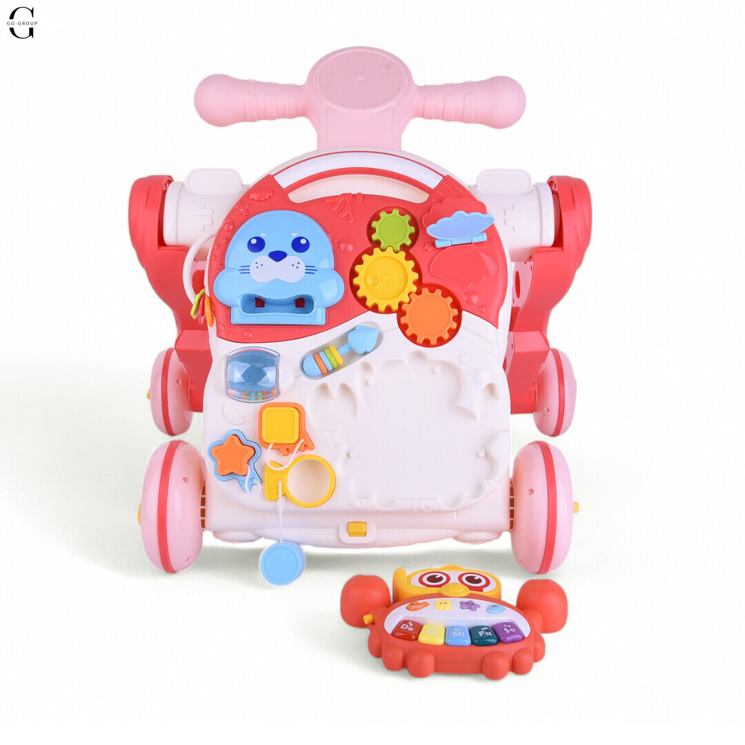 Детская каталка-ходунки 4в1 HUANGER HE0826-27: толокар, самокат, игровой столик с бизибордом и баскетбольным кольцом, музыкальные и световые эффекты