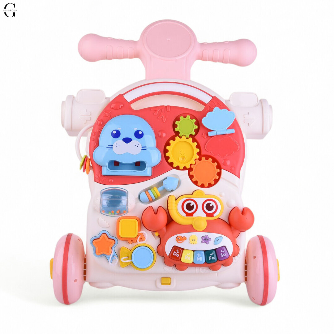 Детская каталка-ходунки 4в1 HUANGER HE0826-27: толокар, самокат, игровой столик с бизибордом и баскетбольным кольцом, музыкальные и световые эффекты