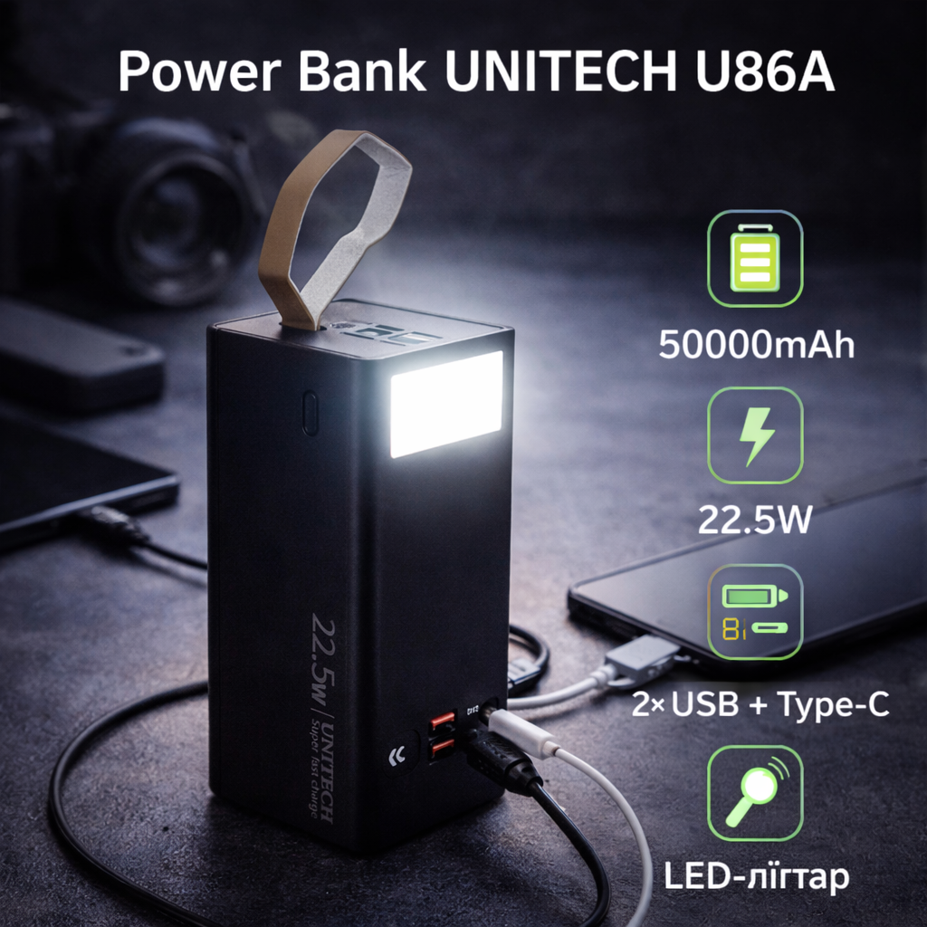 Power Bank UNITECH U86A 50000mAh 22.5W, 2×USB + Type-C,