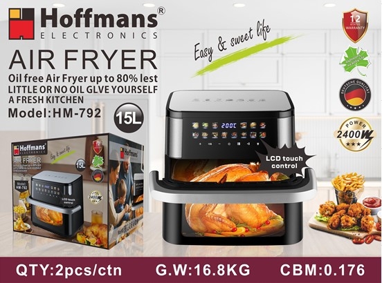 Аэрофритюрница Hoffmans HM-792 15L 2400W с 12 программами, тефлоновым покрытием и сенсорным управлением.