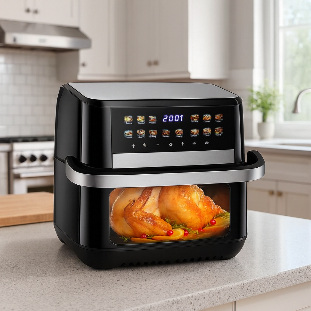 Аэрофритюрница Hoffmans HM-792 15L 2400W с 12 программами, тефлоновым покрытием и сенсорным управлением.