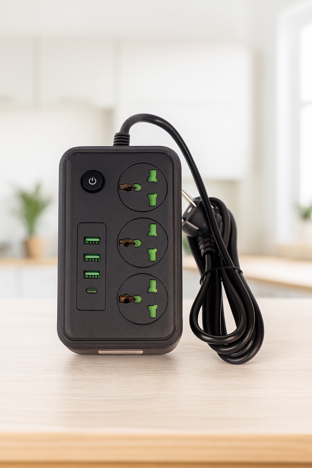 Подовжувач електричний (3×220В+3×USB+1×Type-C), QL-1074U, Чорний 2m
