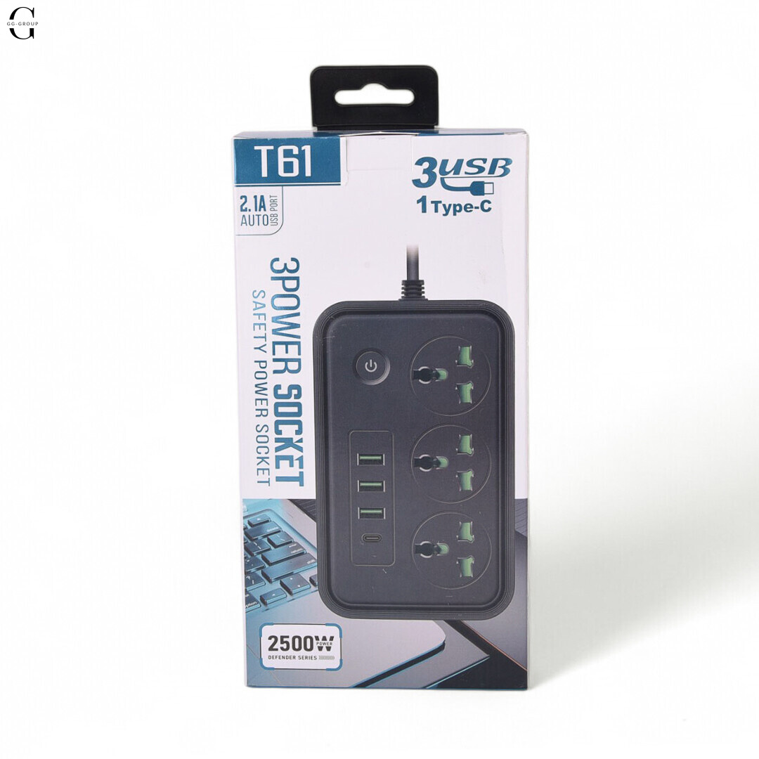 Сітковий фільтр Підовжувач з USB Т-61 (3×220В+3×USB+1×Type-C), , Чорний 2m