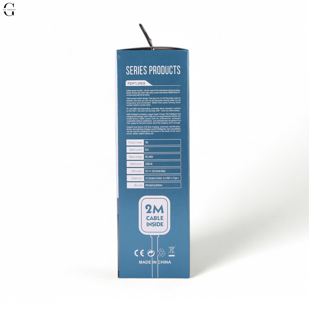Сітковий фільтр Підовжувач з USB Т-61 (3×220В+3×USB+1×Type-C), , Чорний 2m