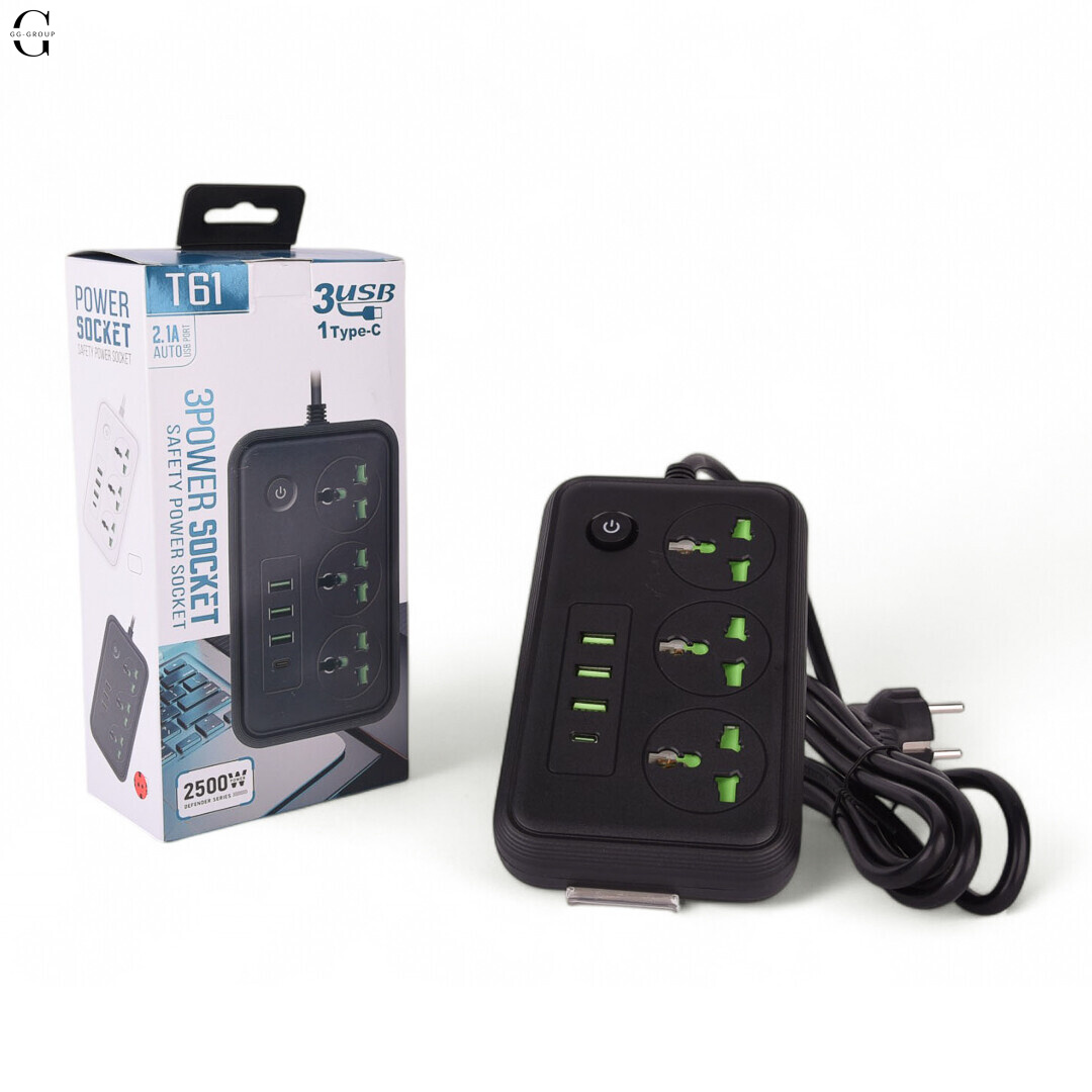 Сітковий фільтр Підовжувач з USB Т-61 (3×220В+3×USB+1×Type-C), , Чорний 2m
