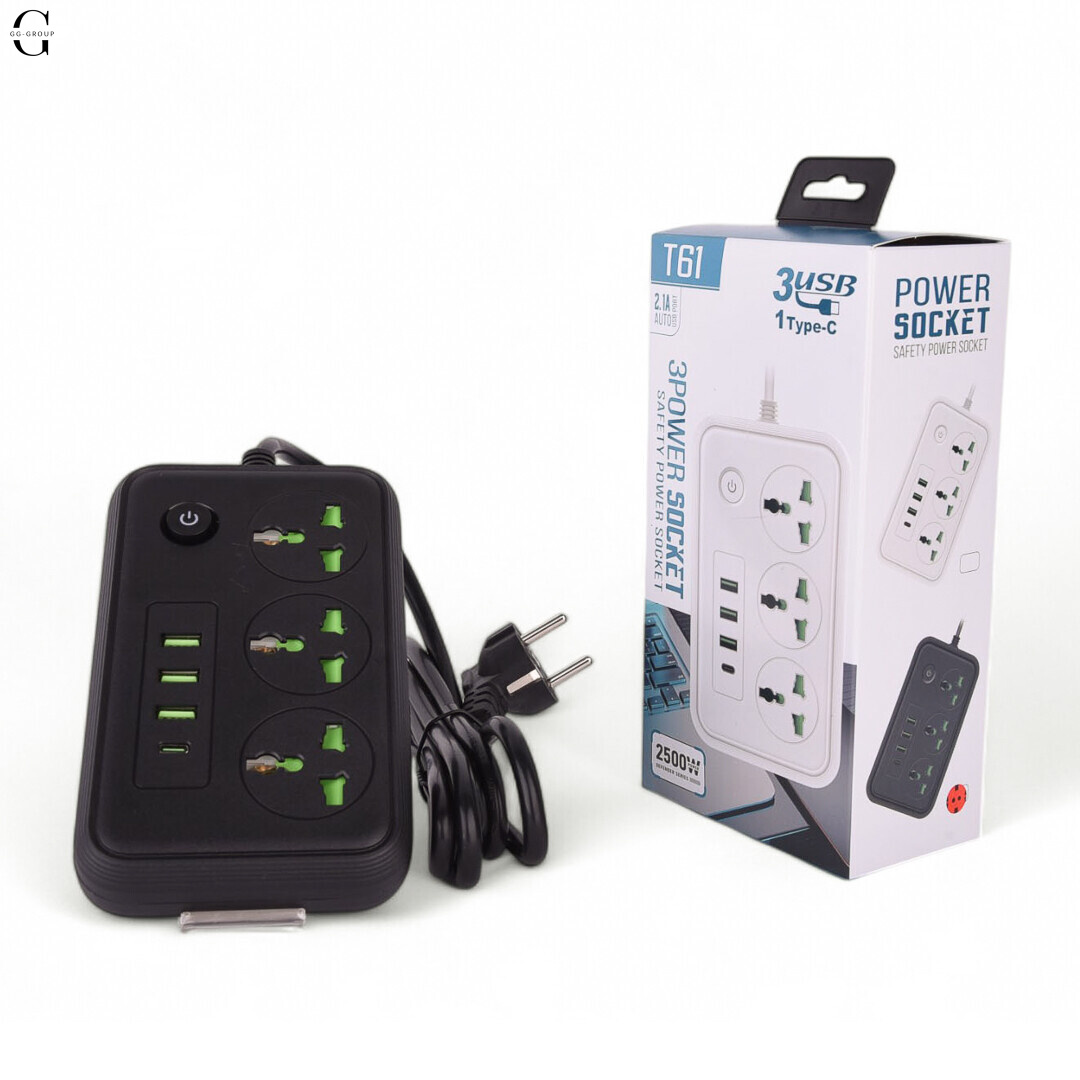 Сітковий фільтр Підовжувач з USB Т-61 (3×220В+3×USB+1×Type-C), , Чорний 2m