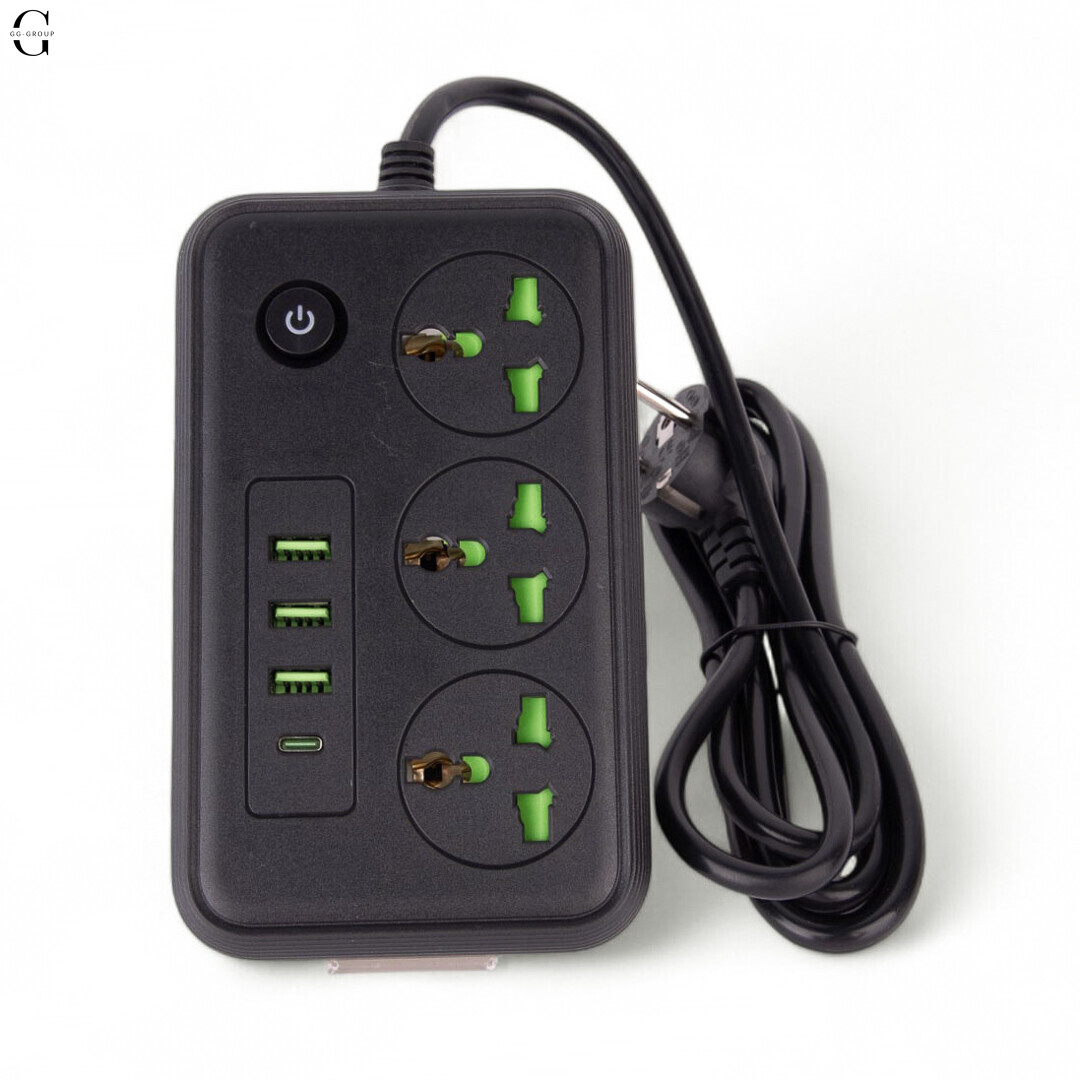 Сітковий фільтр Підовжувач з USB Т-61 (3×220В+3×USB+1×Type-C), , Чорний 2m