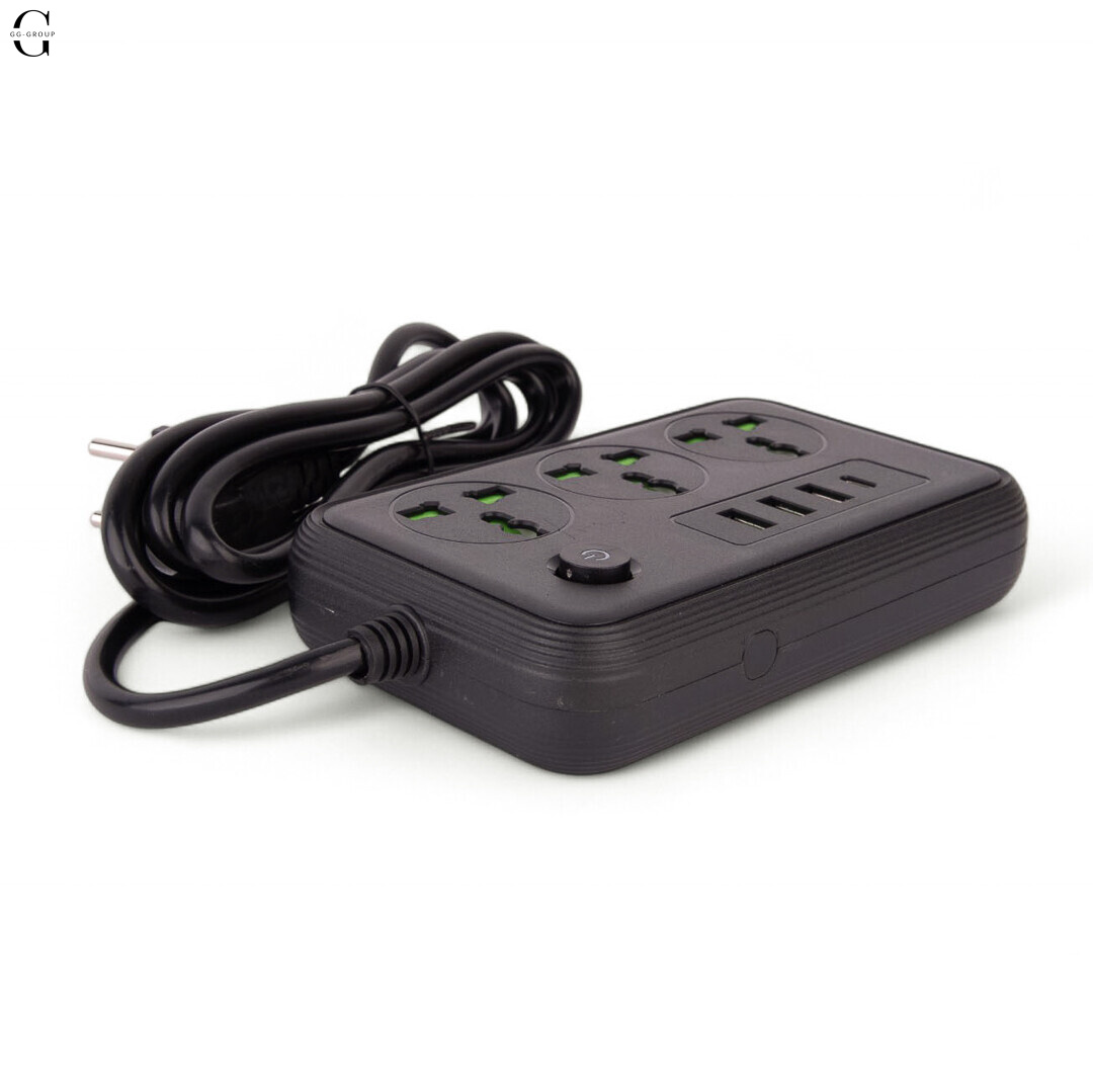 Сітковий фільтр Підовжувач з USB Т-61 (3×220В+3×USB+1×Type-C), , Чорний 2m