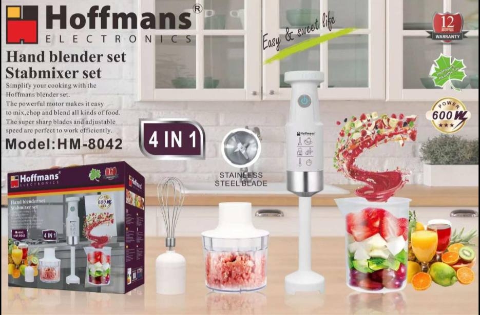 Блендер Hoffmans HM-8042 4-в-1600 Вт с насадками для измельчения, смешивания и сбивания.