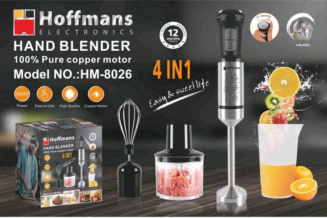 Блендер Hoffmans HM-8026 4-в-1 1000 Вт с 10 скоростями, турбо и насадками для измельчения и сбивания.
