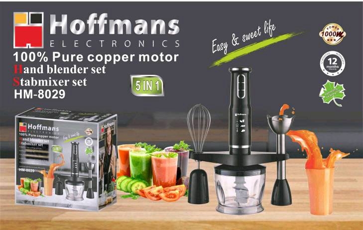 Блендер Hoffmans HM-8029 5-в-1 1000 Вт с насадками для измельчения, сбивания, пюре.
