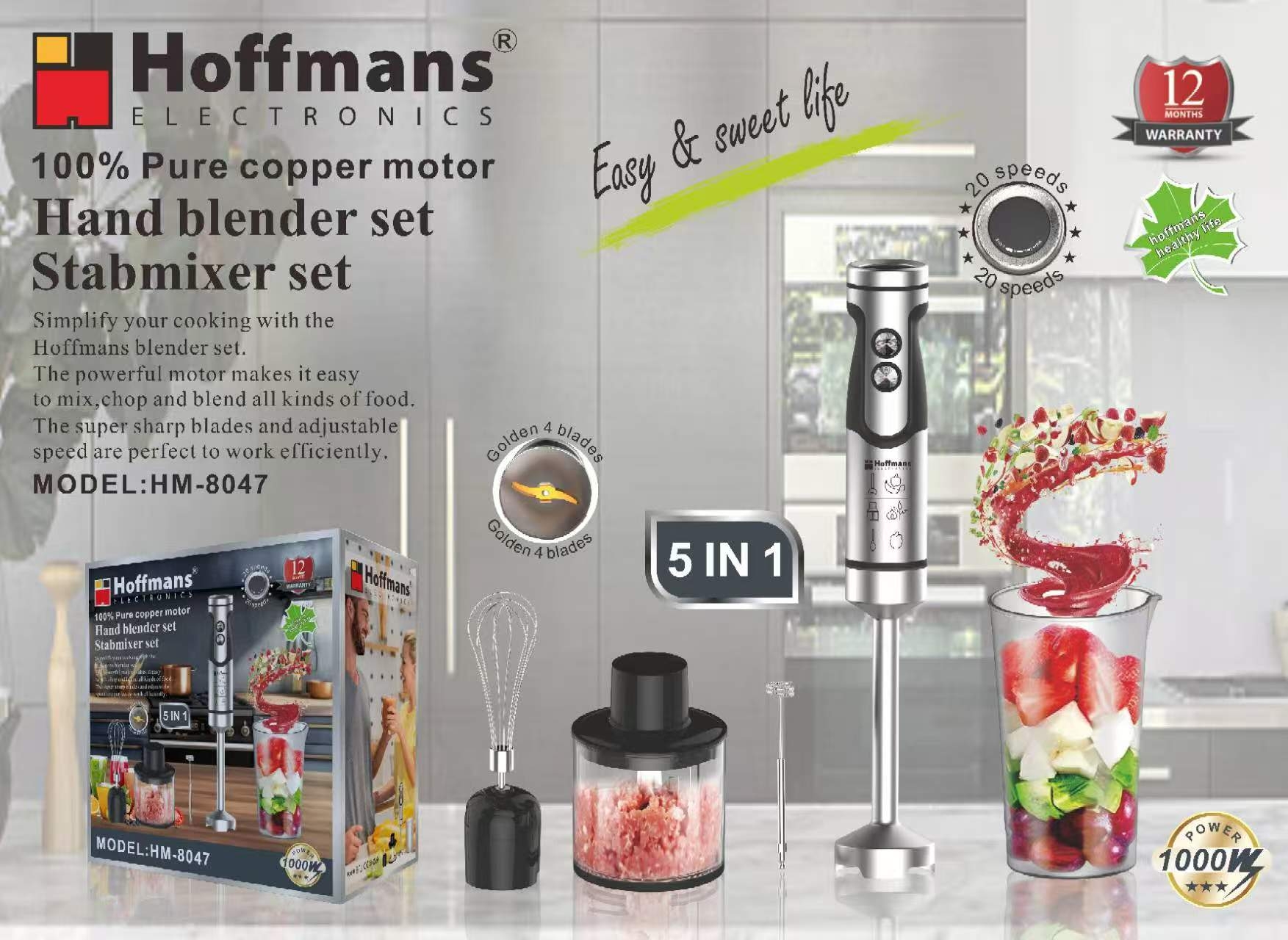 Блендер Hoffmans HM-8047 5-в-1 1000 Вт с 20 скоростями и насадками для измельчения и смешивания.