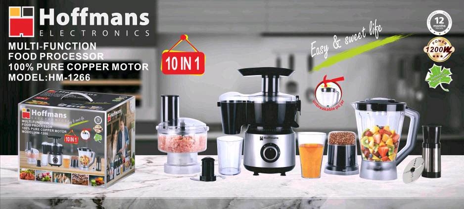 Кухонный комбайн Hoffmans HM-1266 1200W 10in1 с металлической чашей 1.5 л и 5 скоростями.