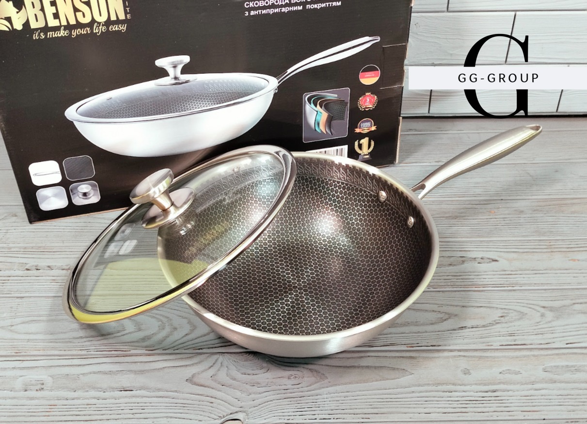 Сковорода глубокая WOK из нержавеющей стали с антипригарным покрытием Benson BN-589 Ø26см