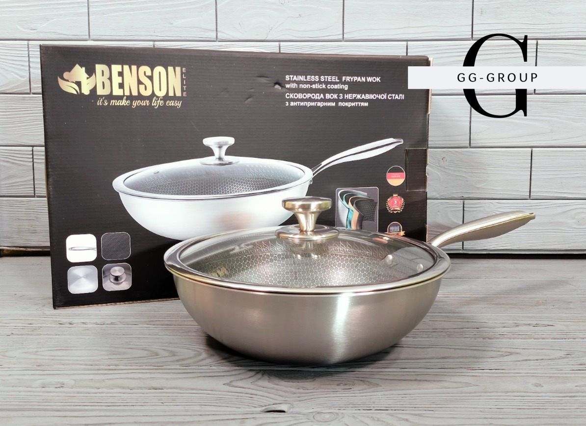 Сковорода глубокая WOK из нержавеющей стали с антипригарным покрытием Benson BN-589 Ø26см