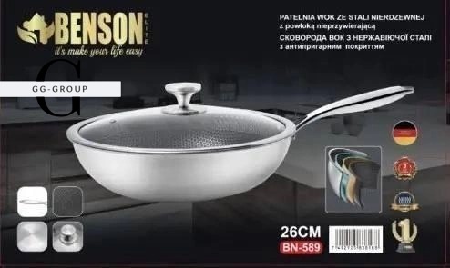 Сковорода глубокая WOK из нержавеющей стали с антипригарным покрытием Benson BN-589 Ø26см