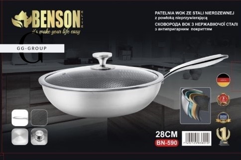 Сковорода глубокая WOK из нержавеющей стали с антипригарным покрытием Benson BN-590 Ø28см