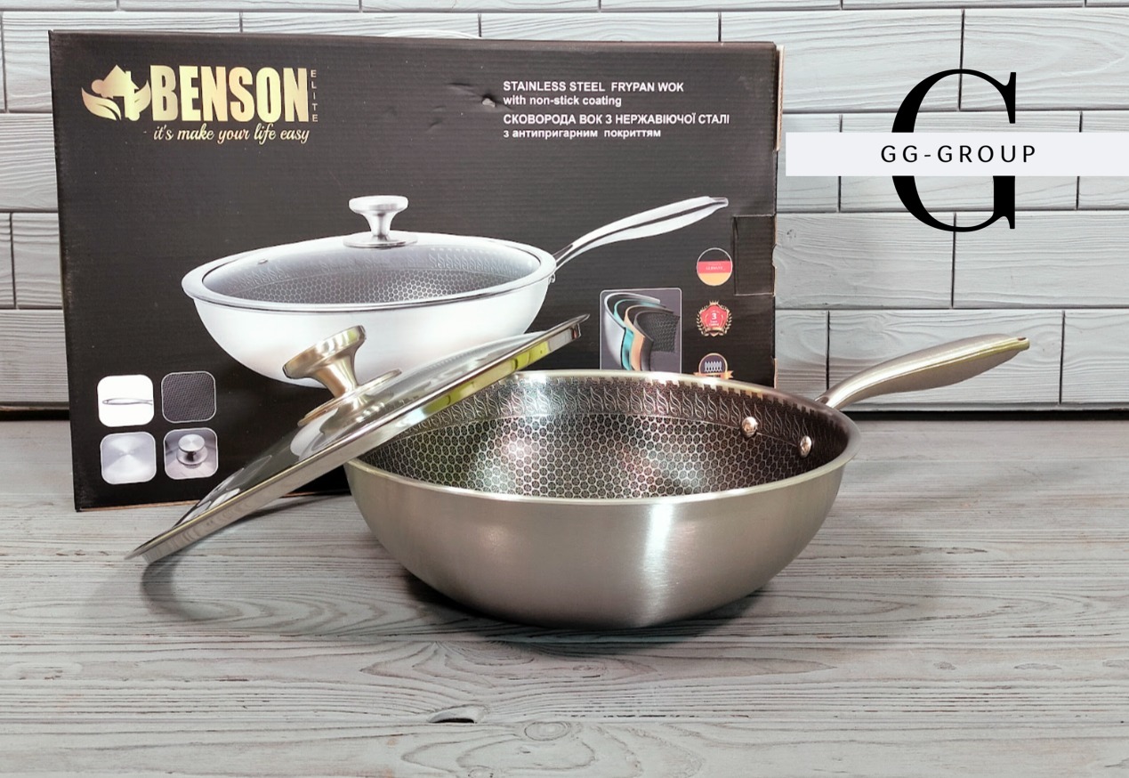 Сковорода глубокая WOK из нержавеющей стали с антипригарным покрытием Benson BN-589 Ø26см