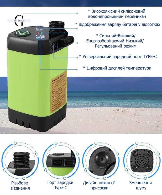 Кемпинговый душ с насосом и дисплеем температуры, с душевой лейкой и шлангом 2M для сада Чёрный 6000mAh