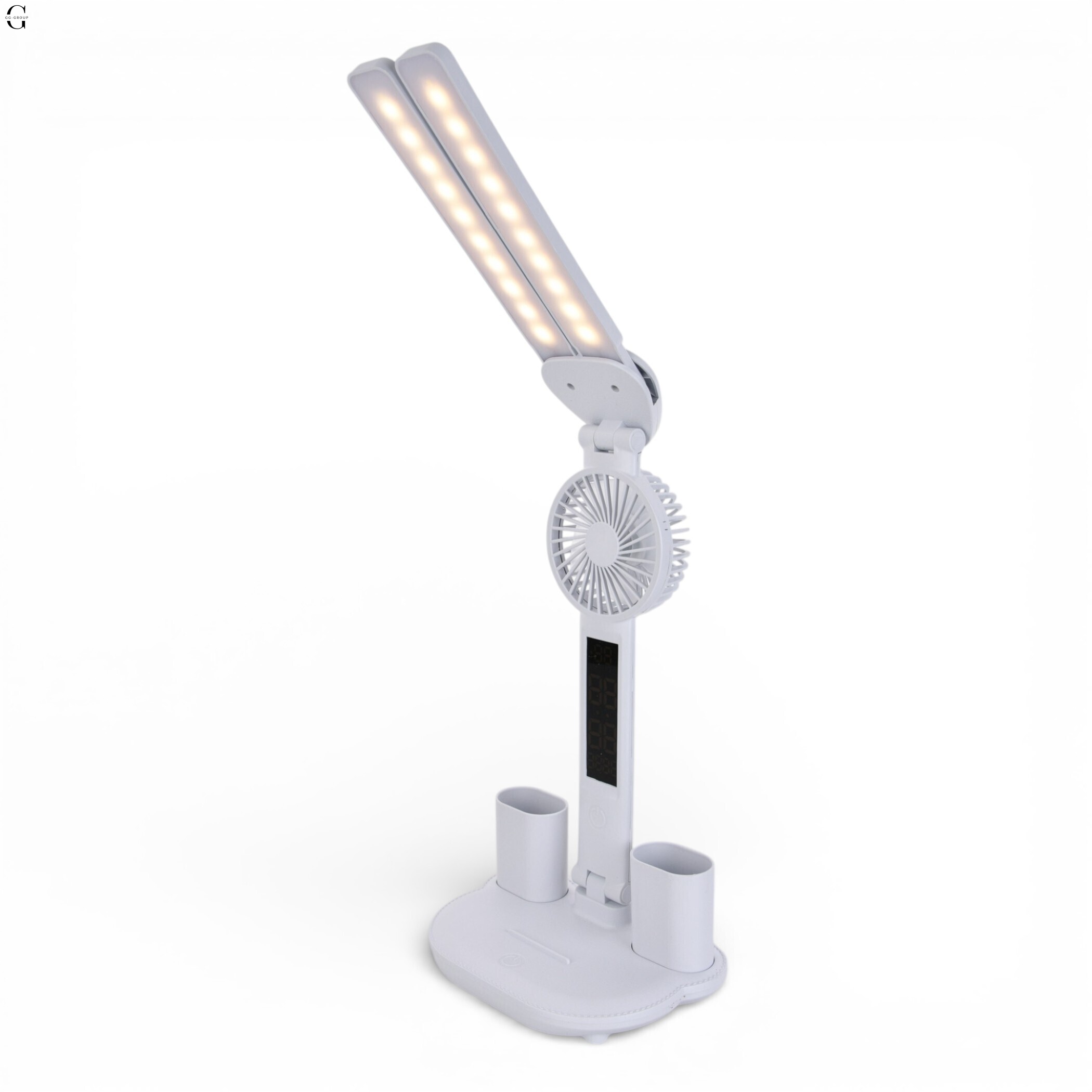 Складная настольная LED лампа с вентилятором, часами и дисплеем, сенсорная, регулировка яркости, органайзер.