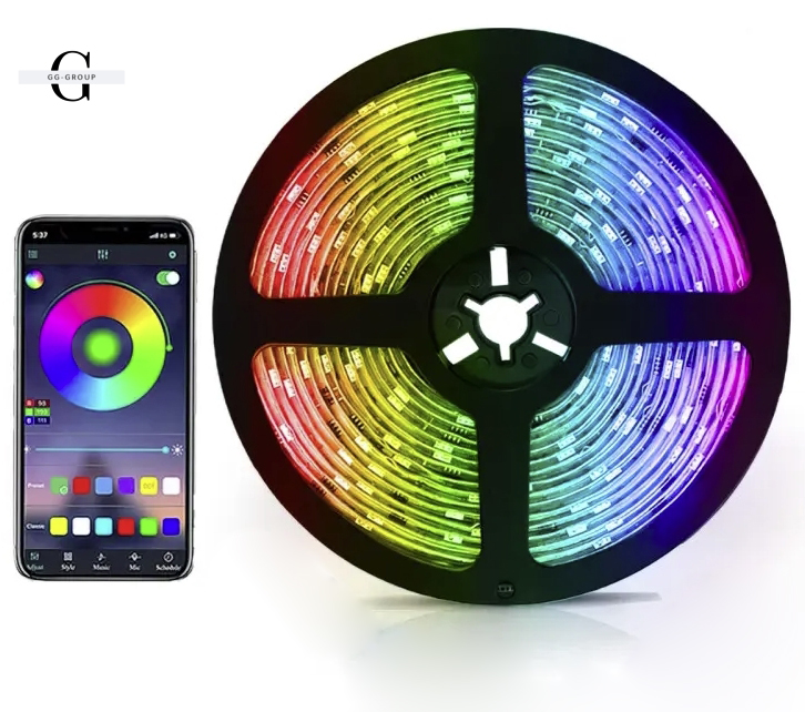 Світлодіодна стрічка 5050 RGB - 16 кольорів, IP65, 55 люмен, 9000 годин роботи від USB 5V з Bluetooth та мобільним додатком